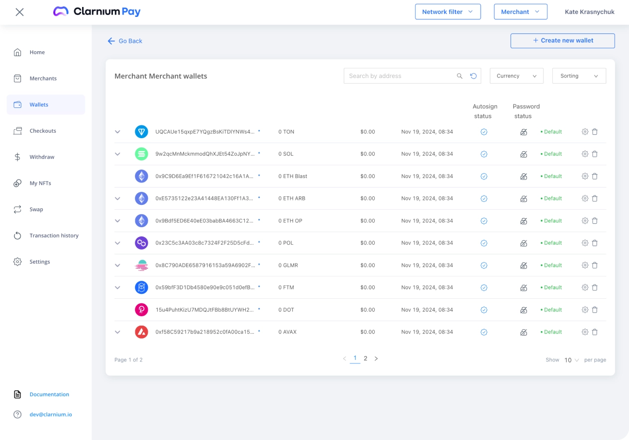 User segregated Crypto Wallets for your customers