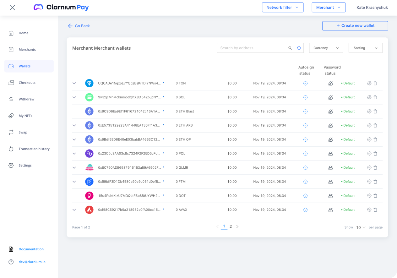 User segregated Crypto Wallets for your customers